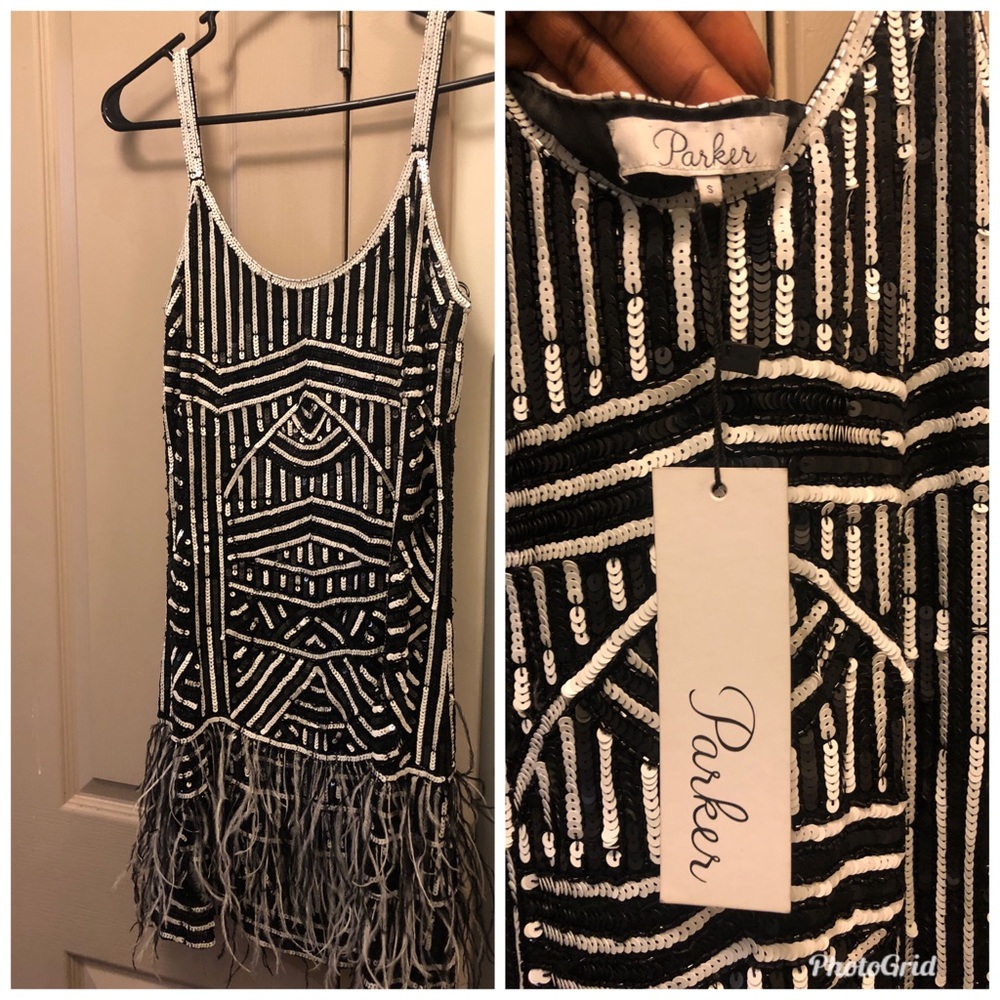 Parker Black & White Sequins Feather Dress